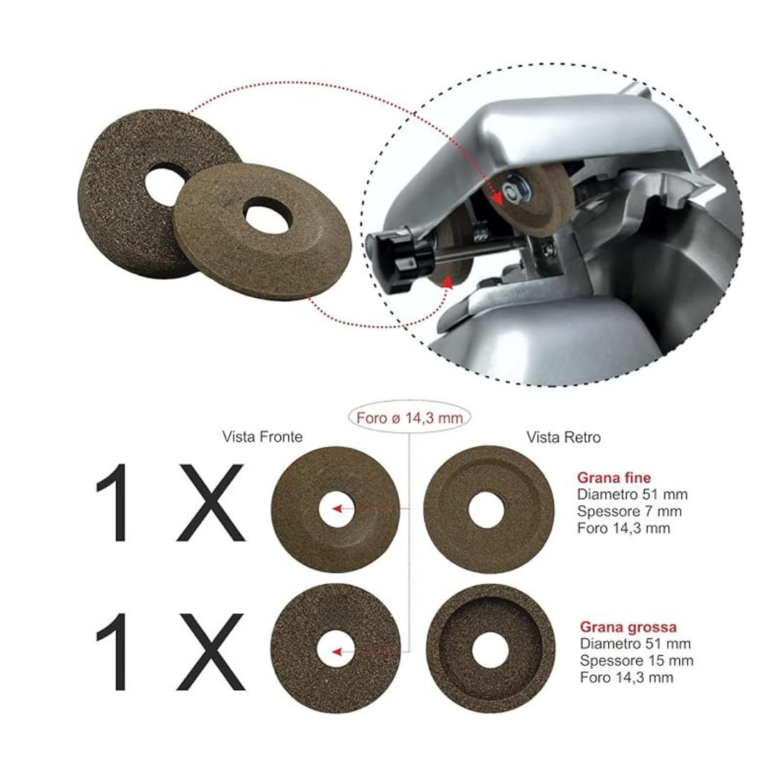 Coppia smerigli per affettatrice Ø51 mm – tazza grana grossa h15 mm + gradino grana fine h7 mm – foro 14,3 mm