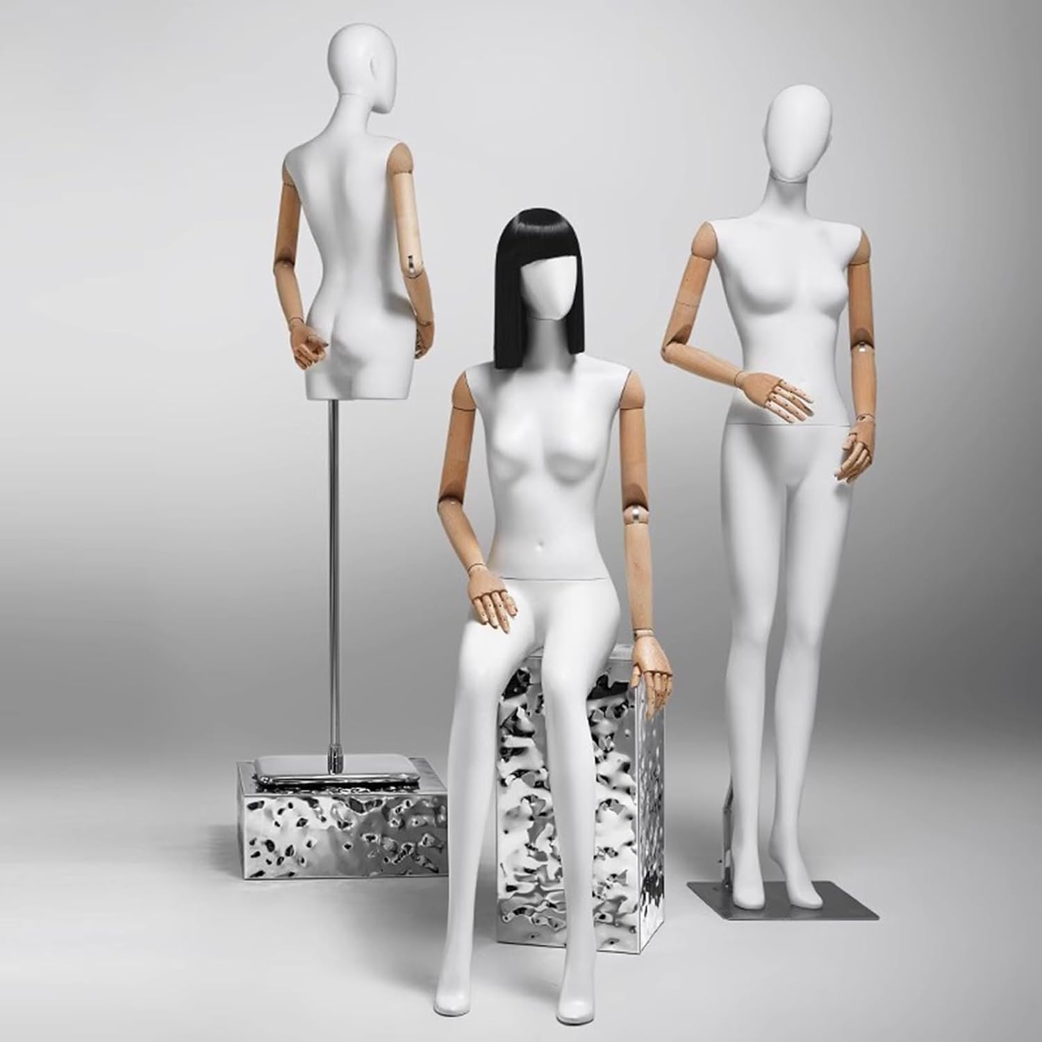 A Human Retail Mannequins Sitting On A Stool, A 61 Inch Tall Mannequin, Used to Display Tops, Pants, and Skirts,Shoes,White