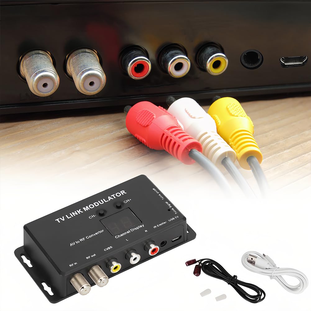 Joyzan UHF-Modulator, UHF-TV-LINK-Modulator, IR-Extender, AV-zu-HF-Konverter, Kanalanzeige mit USB-Ladekabel, Einstellbarer Audio-Video-Ausgangspegel für AV-Quelle