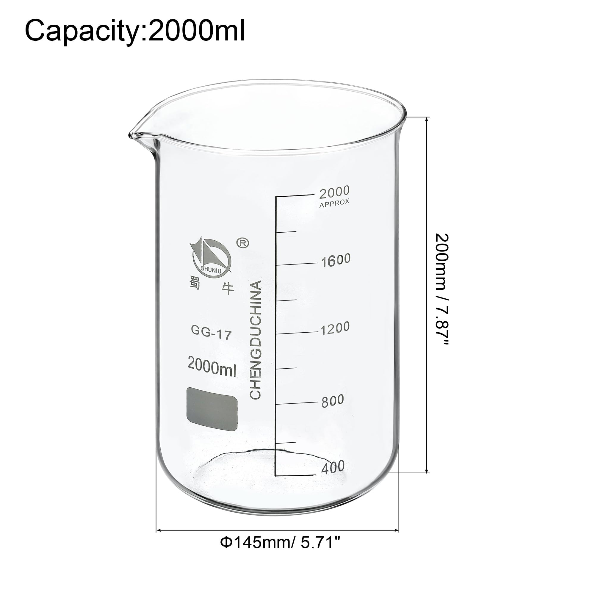 PATIKIL 2000ml Bajo Forma Vidrio Cubilete, 3.3 Borosilicato Vidrio Graduado Impreso Escala Medición Tazas con Caño para Cocina Laboratorio Líquidos