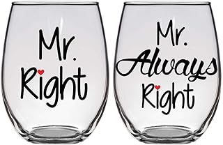 Gay Wedding, Engagement, Anniversary, Gift - Mr. Right, Mr. Always Right - Set of Two (2) Premium 21oz Stemless Wine Glasses