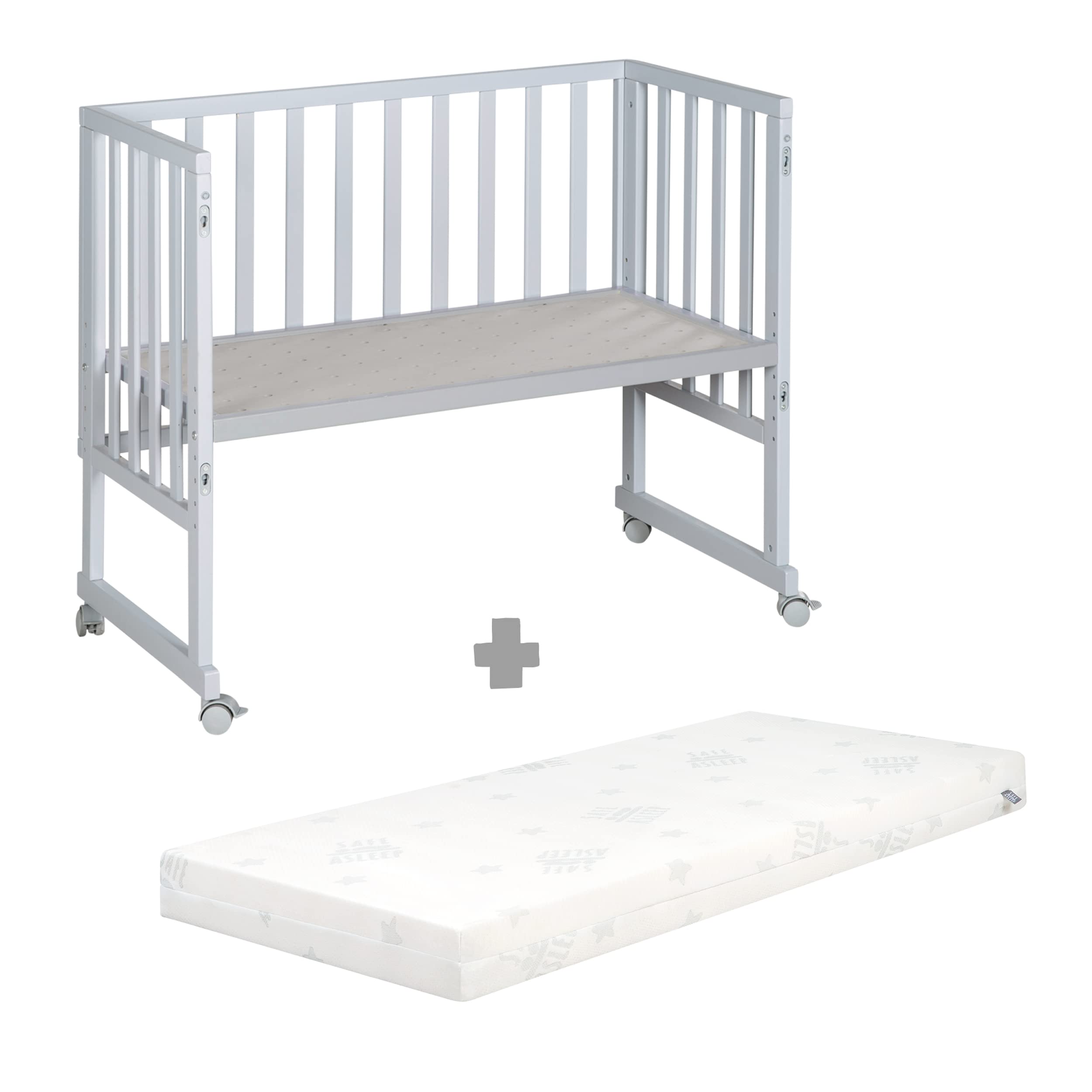 oba Stuben- und Beistellbett safe asleep® 3 in 1-45 x 90 cm - Höhenverstellbar - Komplettes Anstellbett mit Matratze + Canvas Barriere - Bett Set für Babys - Holz taupe/grau