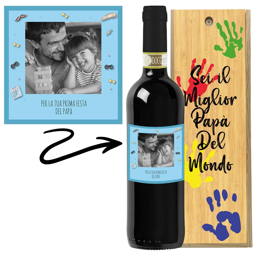 Regalo festa del papà - Bottiglia vino personalizzata con foto e cassa legno - Idea regalo uomo, festa del Nonno, compleanno papà (Chianti DOCG, Prima Festa)