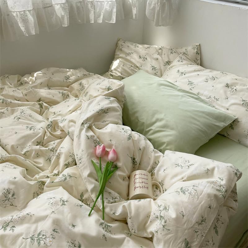 Freyamy White Double Duvet Cover Set - 3pcs Aesthetic Green Floral Bedding Soft, Lovely Romantic Microfiber Bedding Set Single Size 200x200 cm and 2 Pillowcase 50x75 cm — image 1