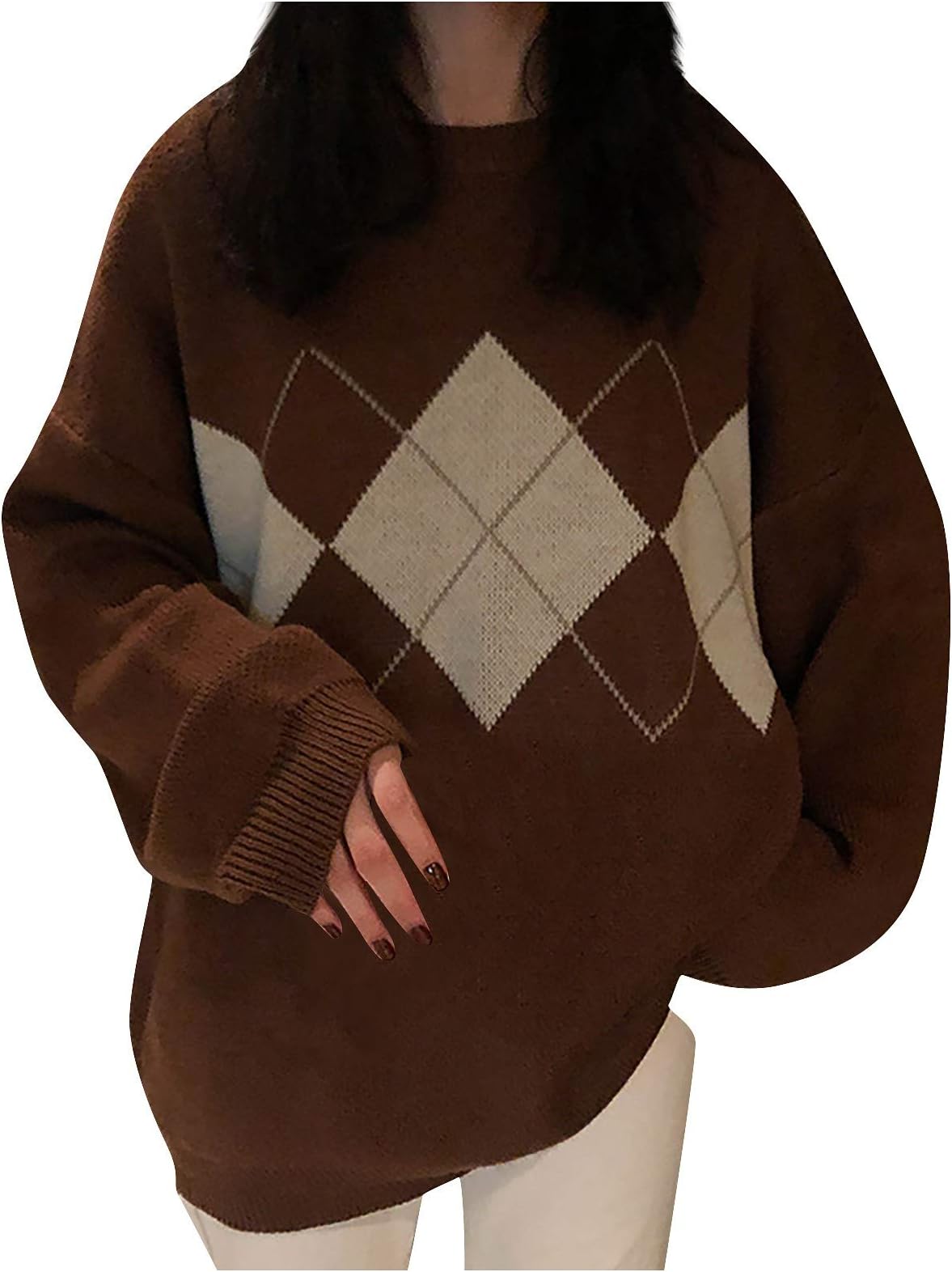 8888 ksowam Women's Oversized Knit Sweater Long Sleeve Crewneck Pullover Y2K Argyle Plaid E-Girls Preppy Style 90s Knitwear Top Brown,One Size