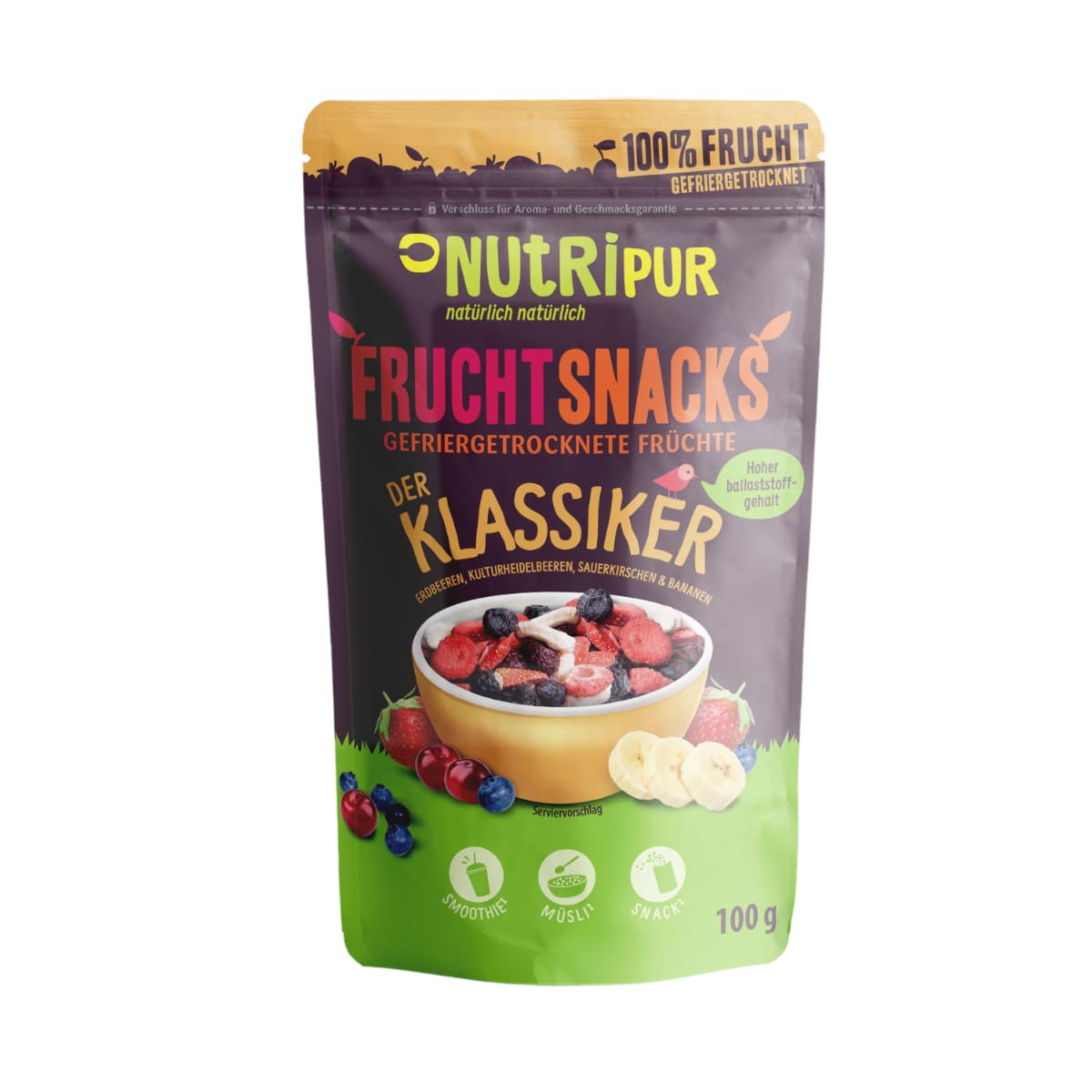 Gefriergetrocknete Früchte-Mix „Der Klassiker“ 100g FruchtSnacks I Getrocknete Beeren und Früchte ungezuckert I Getrocknete Erdbeeren, Heidelbeeren, Sauerkirschen und Bananen I 100% Frucht