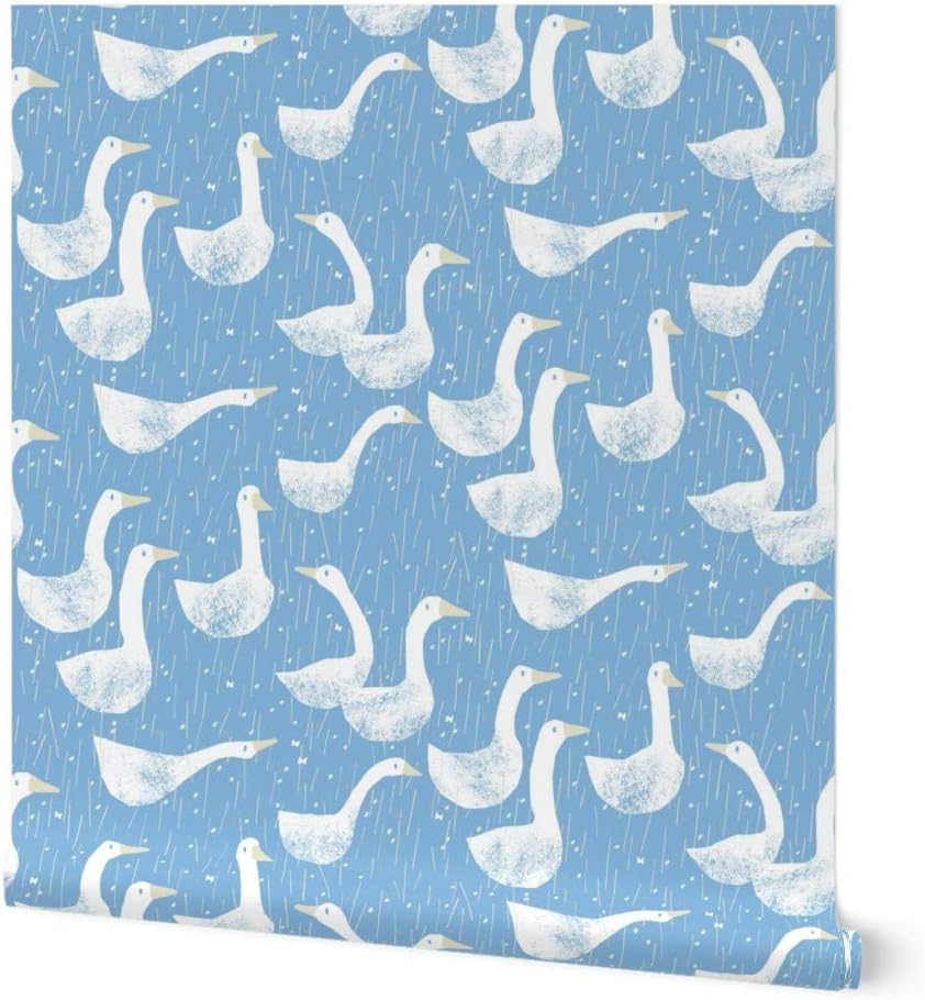 Peel & Stick Wallpaper 9ft x 2ft - Sky Horizontal Shapes Outdoors Family Bright Modern Farmhouse White Animal Bird Goose Meadow Blue Custom Removable Wallpaper by Spoonflower