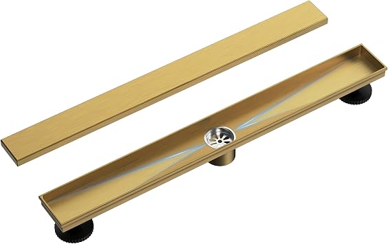 24" Linear Shower Drain with Adjustable Feet, 2 in 1 Flat & Tile Insert Cover, Rectangle 304 Stainless Steel Floor Drain with Hair Strainer, Brushed Gold | 2 in 1 Flat & Tile Insert Cover, Rectangle 304 Stainless Steel, Hair Strainer