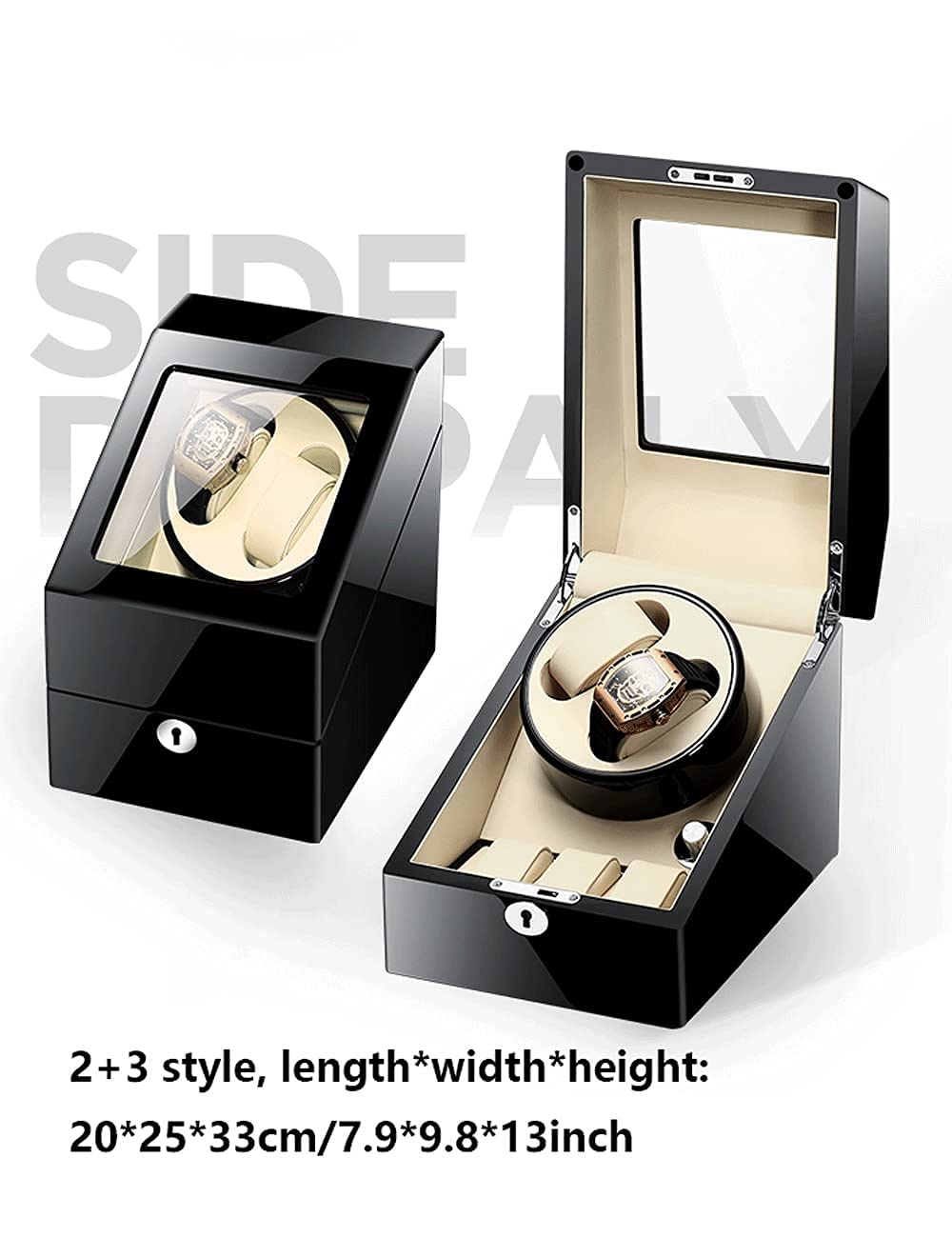 Watch Winder Nakręcacz do zegarków na 2 zegarki, 3 dodatkowe miejsca do przechowywania, luksusowy lakier fortepianowy, wyjątkowo cichy silnik, wstrząsarka do zegarków dla kobiet, oświetlenie LED