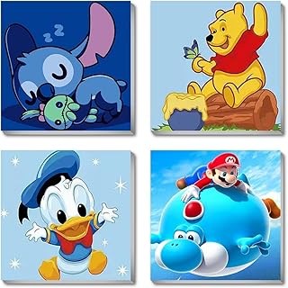 4 Pack Paint by Number for Kids - Cartoon Paint by Numbers Kits Beginner DIY Paint by Numbers for Kids Ages 4-8-12 Acrylic Oil Painting Kits Paint by Number for Home Wall Decor 8X8in