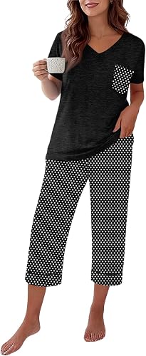 lopmou Capri Pjs Sets for Women 2 Pc Sets Women Outfit Summer Cotton Pjs Casual 
