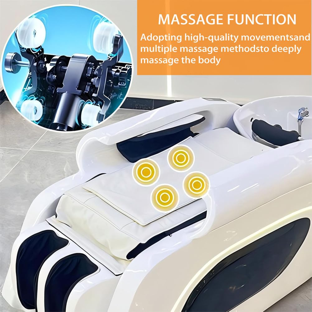 Professionelle Salon-Kopf-Spa-Ausstattung: Shampoo-Liege mit Ganzkörpermassage, Wasserfall und Lichtstreifen.