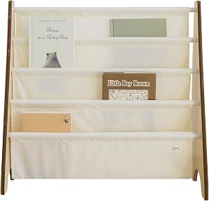 3 Sprouts Kids Bookshelf, 4-Tier Rack, Holds 35 Books, Solid Cream | 4-tier sling book rack for kids rooms, nursery, playroom or classroom storage; kids reading nook; nursery playroom classroom.