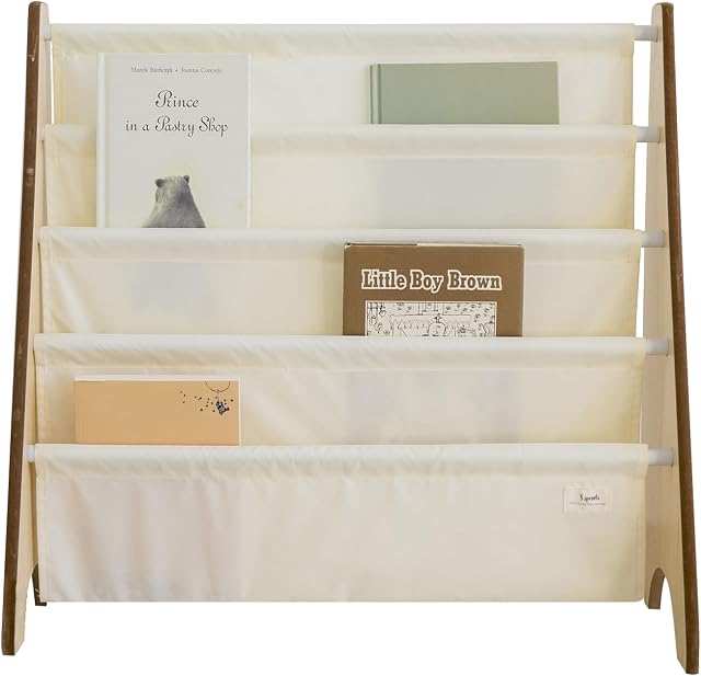 3 Sprouts La bibliothèque pour enfants, 4-Tier Rack, tient 35 Livres, Crème solide 4-tier Porte-livres à élingues pour les chambres pour enfants, la crèche, la salle de jeux ou le rangement de la classe; les enfants lisent à l'air libre; salle de jeu pour les enfants.