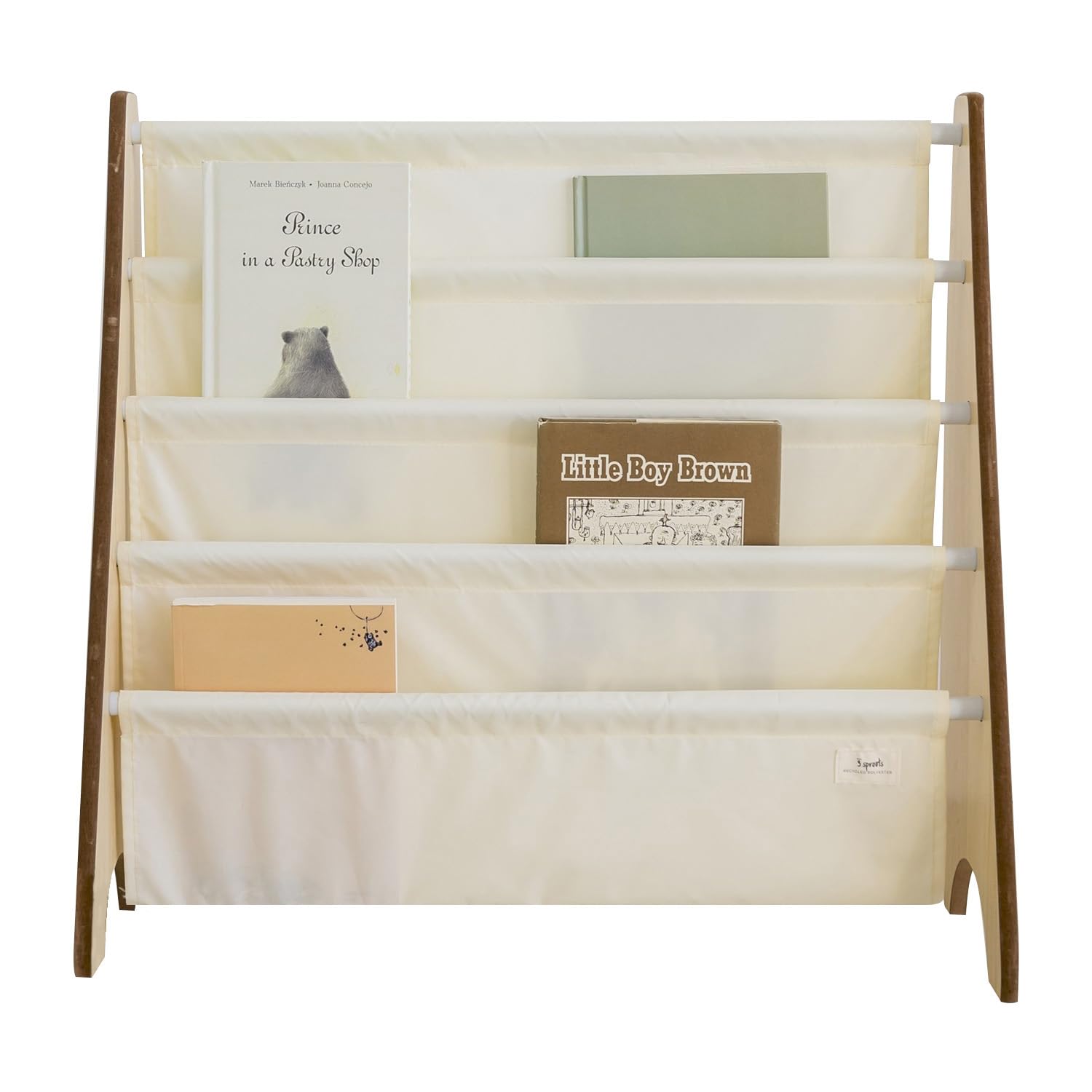 3 Sprouts Recycled Fabric Kids Bookshelf – 4-Tier Sling Book Rack Organizer - Nursery Room Playroom Classroom Wooden Book Shelves - Kid Bookcase Wood Storage Shelf for Toddler Age 3+ Cream
