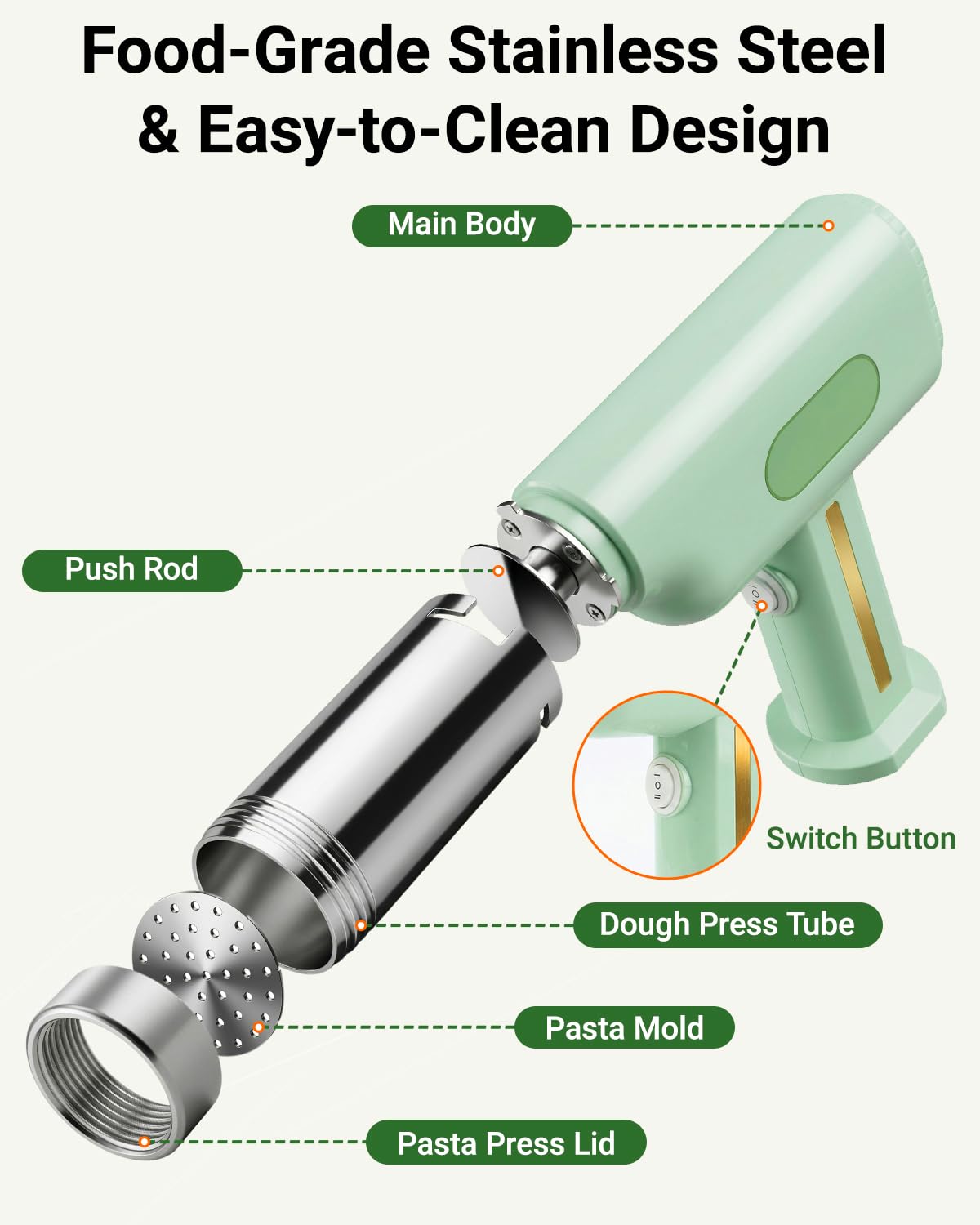 Macchina per la pasta, macchina elettrica portatile per pasta, riempitrice per salsicce, macchina per noodle senza fili all-in-one, con stampi per modellare gli accessori (verde)