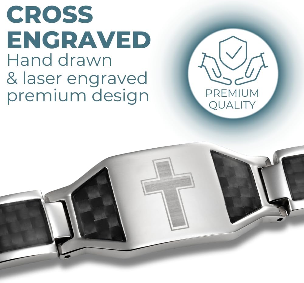 Willis Judd Men's Titanium Magnetic Christian Cross Bracelet with Black Carbon Fiber Insets Adjustable