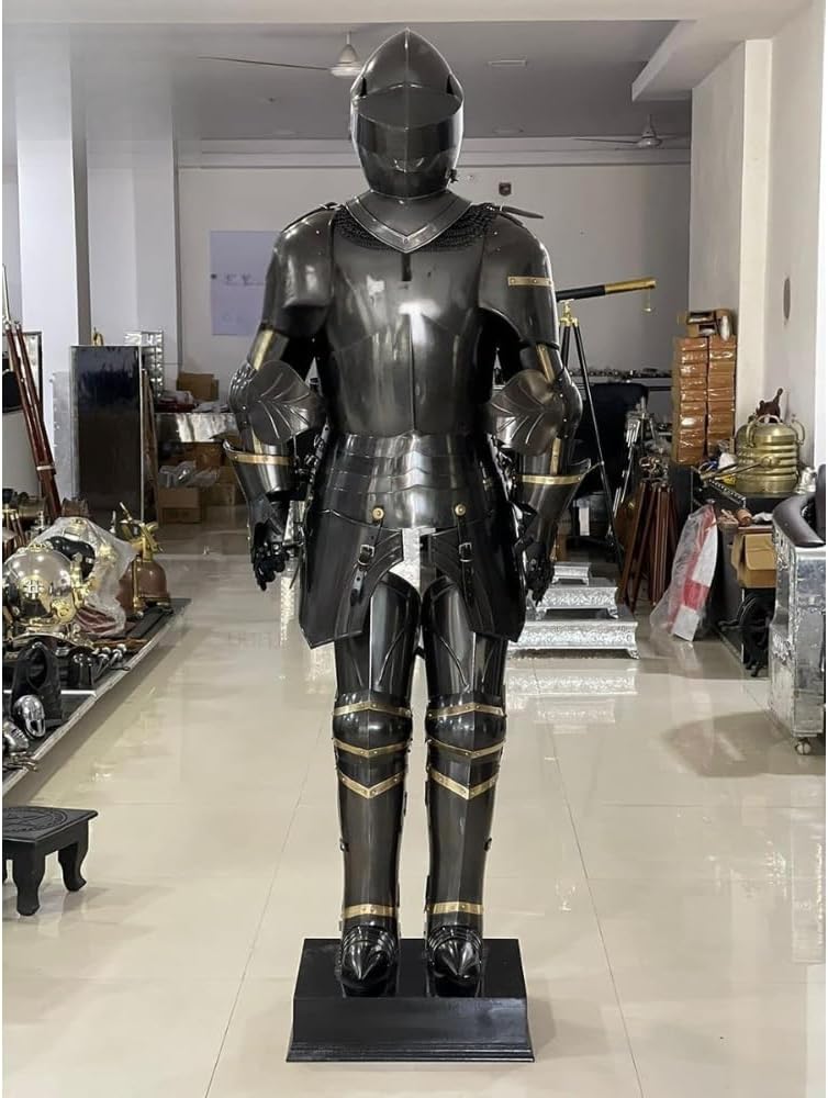 Medieval Knight Combat Armor Suit, Black Steel with Gold Accents, One Size, Full Body Wearable Historical Replica, Adjustable Straps