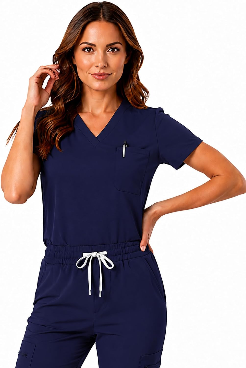 UnionMed Women's 4-Way Stretch Scrub Set V-Neck Top & 9-Pocket Yoga Joggers | 72% polyester, 21% rayon, 7% spandex fabric feels soft, breathable, quick-dry, and ready for demanding shifts