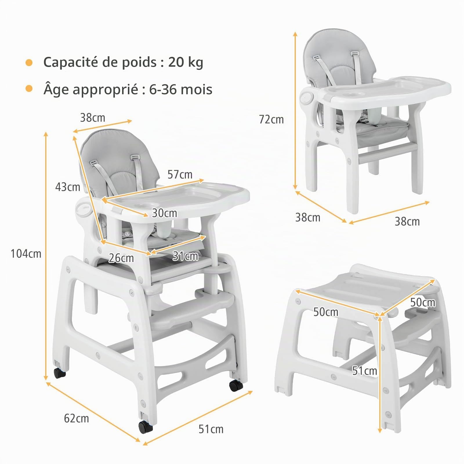 LIFEZEAL 5 en 1 Chaise Haute Bébé Evolutive avec Double Plateau Amovible, Chaise Bebe Confort en PP, Charge de 20 kg, Repose-pieds, Roues Universelles avec Freins, Ceinture de Sécurité, 6+ mois, gris
