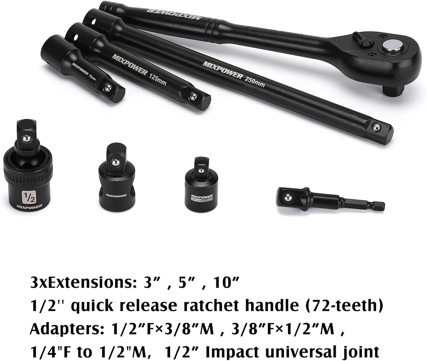 MIXPOWER 38-Piece 1/2-Inch Drive Deep Impact Socket Master Set with 10-inch Quick-release Ratchet Handle & Accessories, 3/8" - 1-1/4", 10-32MM, Deep, SAE&Metric, CR-V Steel