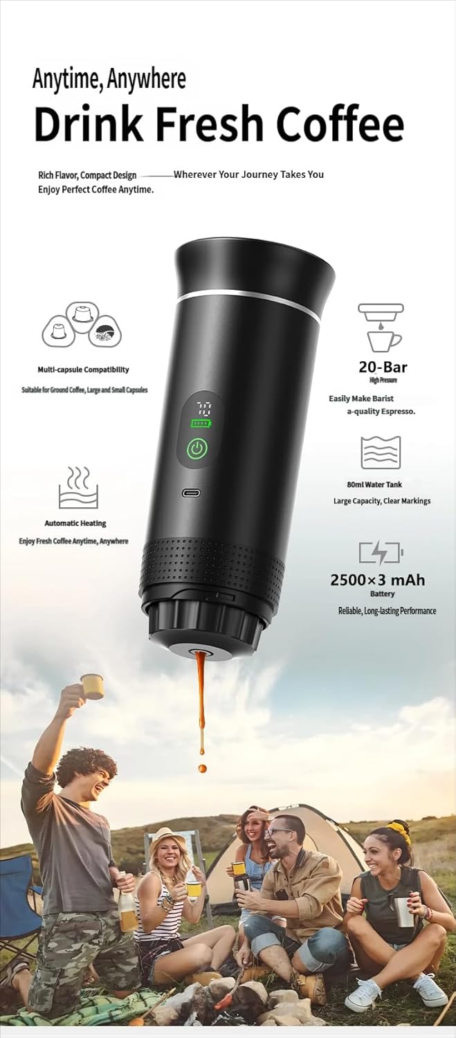 Portable Coffee Capsule Machine, Hot and Cold Brew Espresso Maker, Rechargeable Travel Coffee Maker with Digital Display, Compatible with Nespresso and Ground Coffee (Gray)