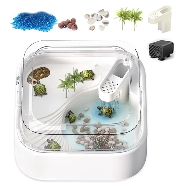 GRAMTurtle Tank Kit, Little Turtle Tank Starter Kit, Turtle Aquarium with Rain Shower Head, rocas de colores