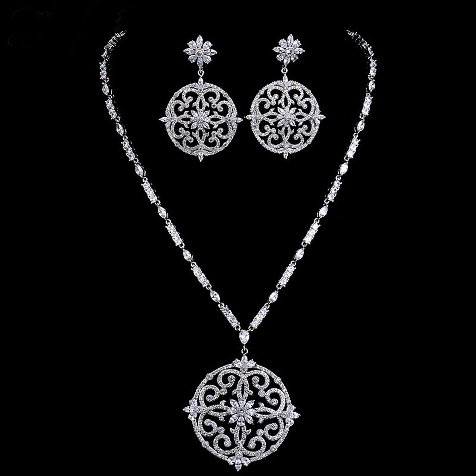 Conjunto de joyería Nupcial, Conjunto de joyería de Boda con Flor Grande de circonia cúbica de Color Oro Blanco