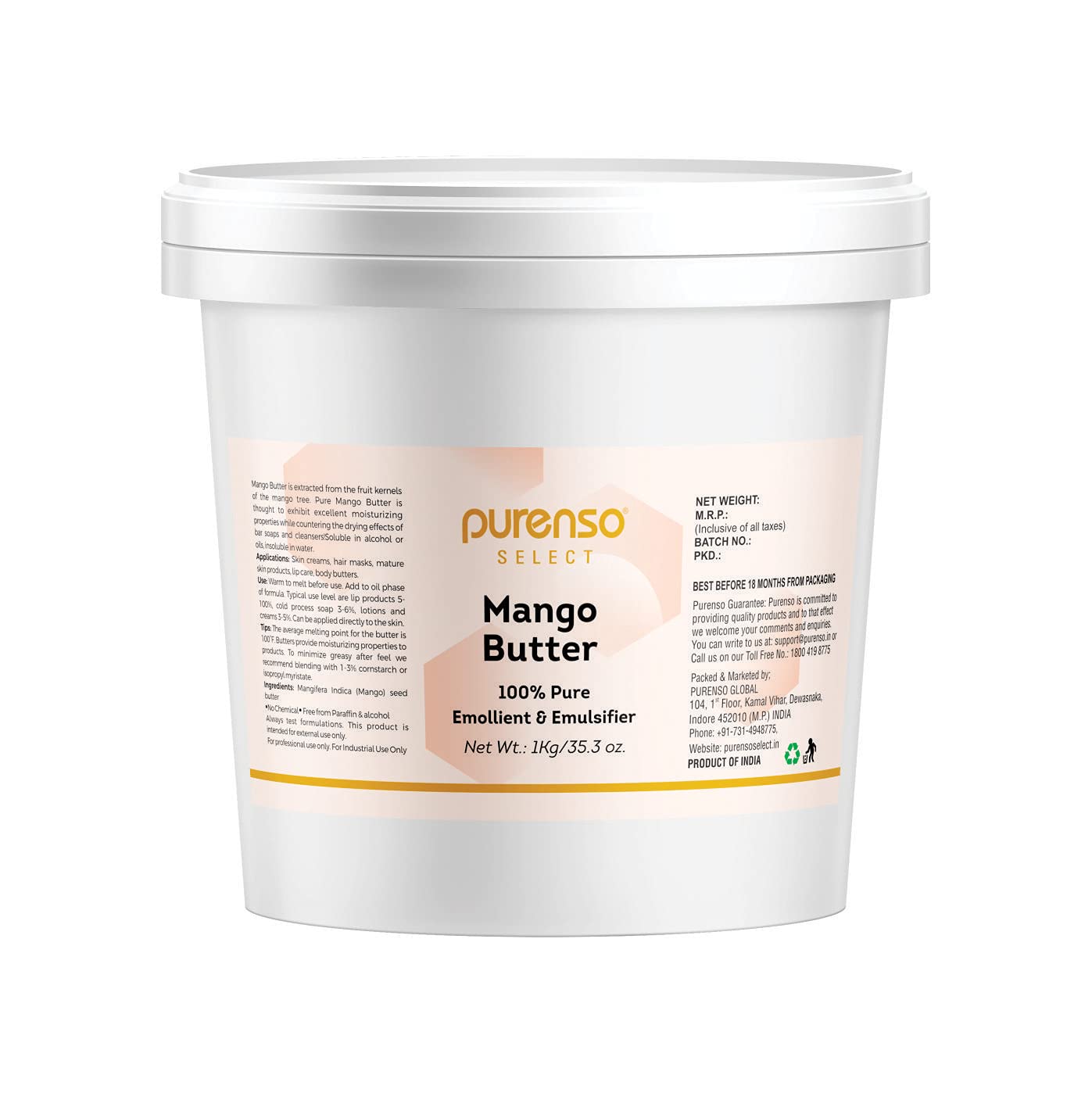 PURENSO Organic Raw Mango Butter, 1000 g