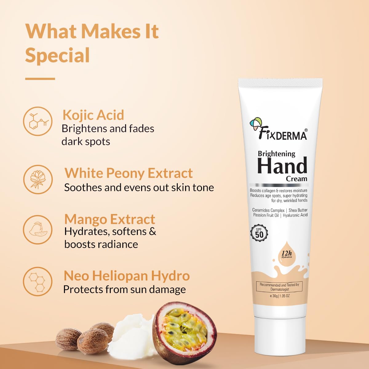Fixderma Brightening Hand Cream for Women & Men | Hand Moisturizer | Kojic Acid Cream | Hand Cream for Dry and Rough Hands | Cream for Itchy Hand | Hand Cream with SPF 50 | All Skins Types - 30gm 2