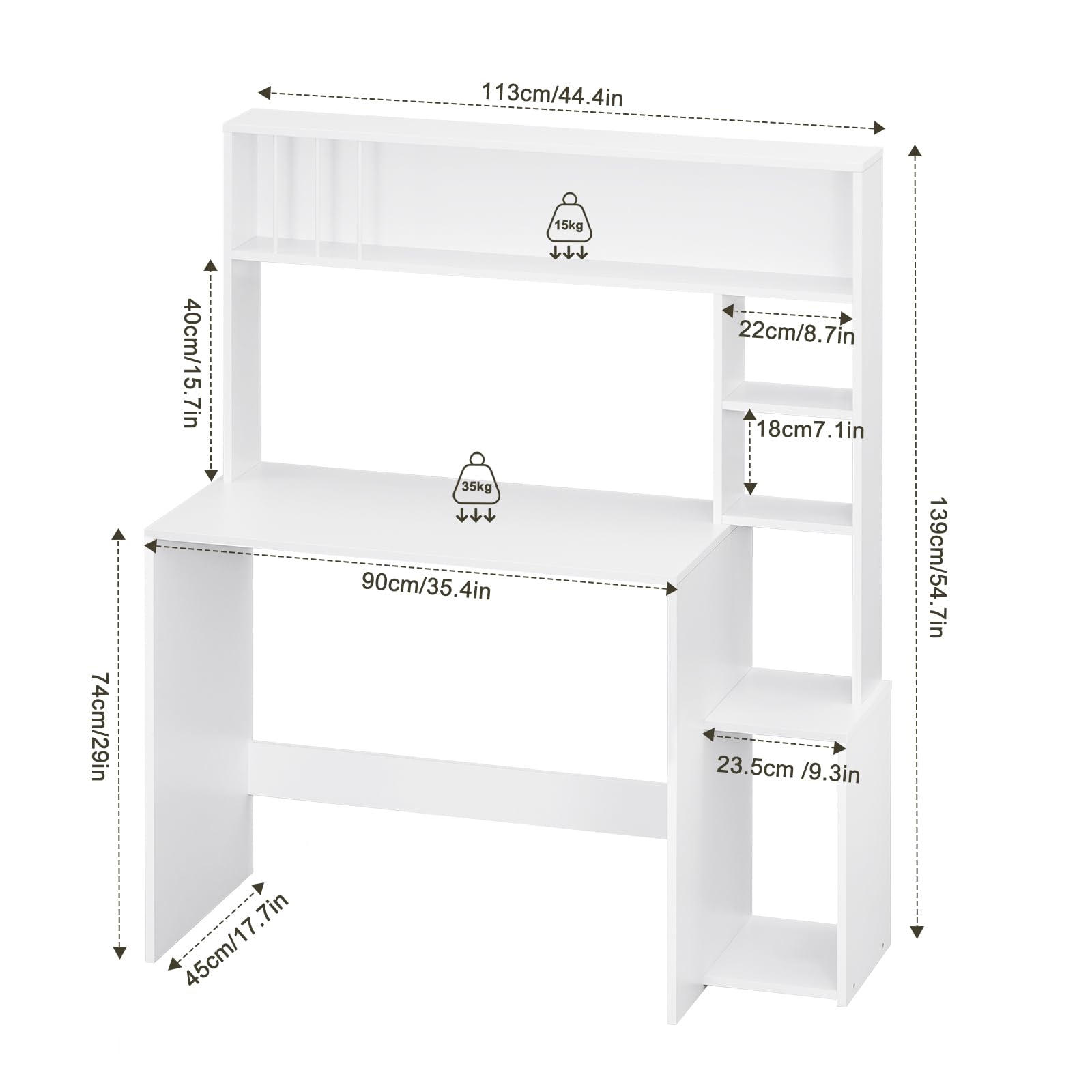 eSituro Escritorio con Estanterías, 113x45x139 cm, Blanco | 5 Estantes Abiertos, para Hogar, Dormitorio y Estudio