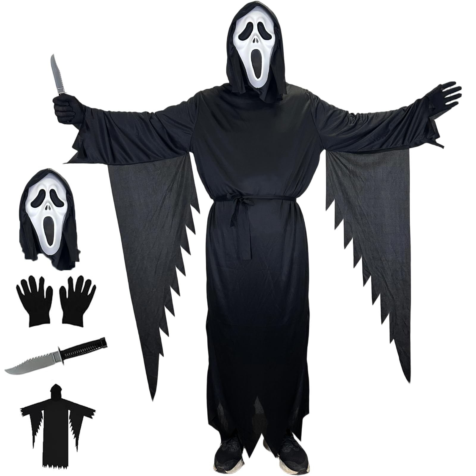 Atsmoce Disfraz de Halloween Scream, espeluznante disfraz de cara fantasma, disfraz de película de miedo, con máscara, guantes, daga de plástico, para niños y adultos