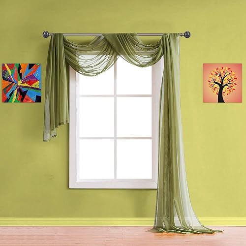 Warm Home Designs Bufanda transparente para ventana de 30 pies de largo color verde salvia. Estas bufandas de ventana de longitud XXL con cenefa de