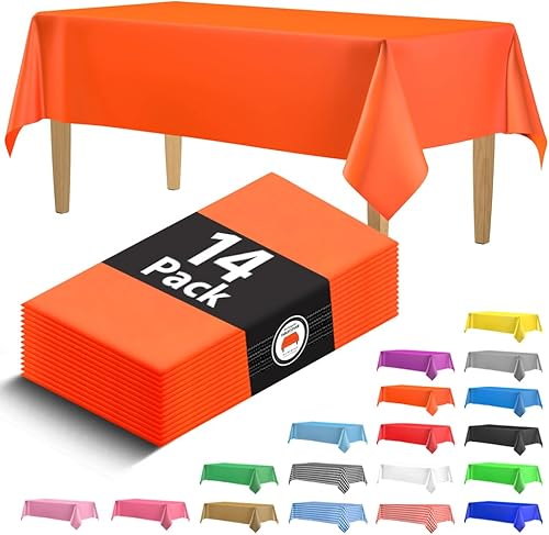 Paquete de 14 manteles de plástico naranja de alta calidad, manteles rectangulares desechables de plástico de 54 x 108 pulgadas, mantel decorativo