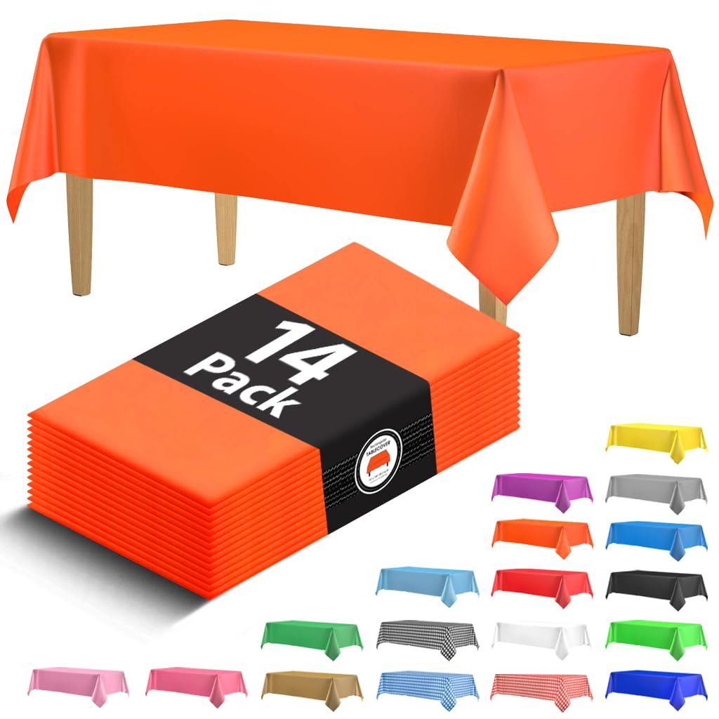 Photo 1 of 18 PACK- 6Packs of 3count table cloth, Premium Orange Plastic Tablecloth - 54 x 108 in. Disposable Rectangle Plastic Table Cloth - Decorative Rectangle Table Cover Smooth Tablecloth - Disposable Table Cloths For Parties, Weddings. 18 total 