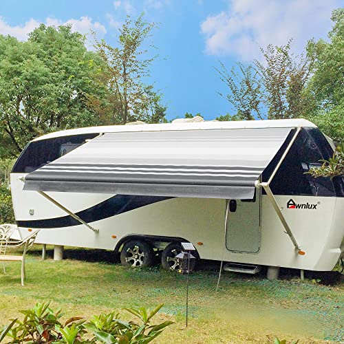 Awnlux White Manual Modular Retractable RV Awning Full Set Assemblies for RV 5th Wheel Travel Trailers Toy Haulers and Motorhome - RV Trailer Awning for Home or Camper - 15x8 Ft - Black Strip