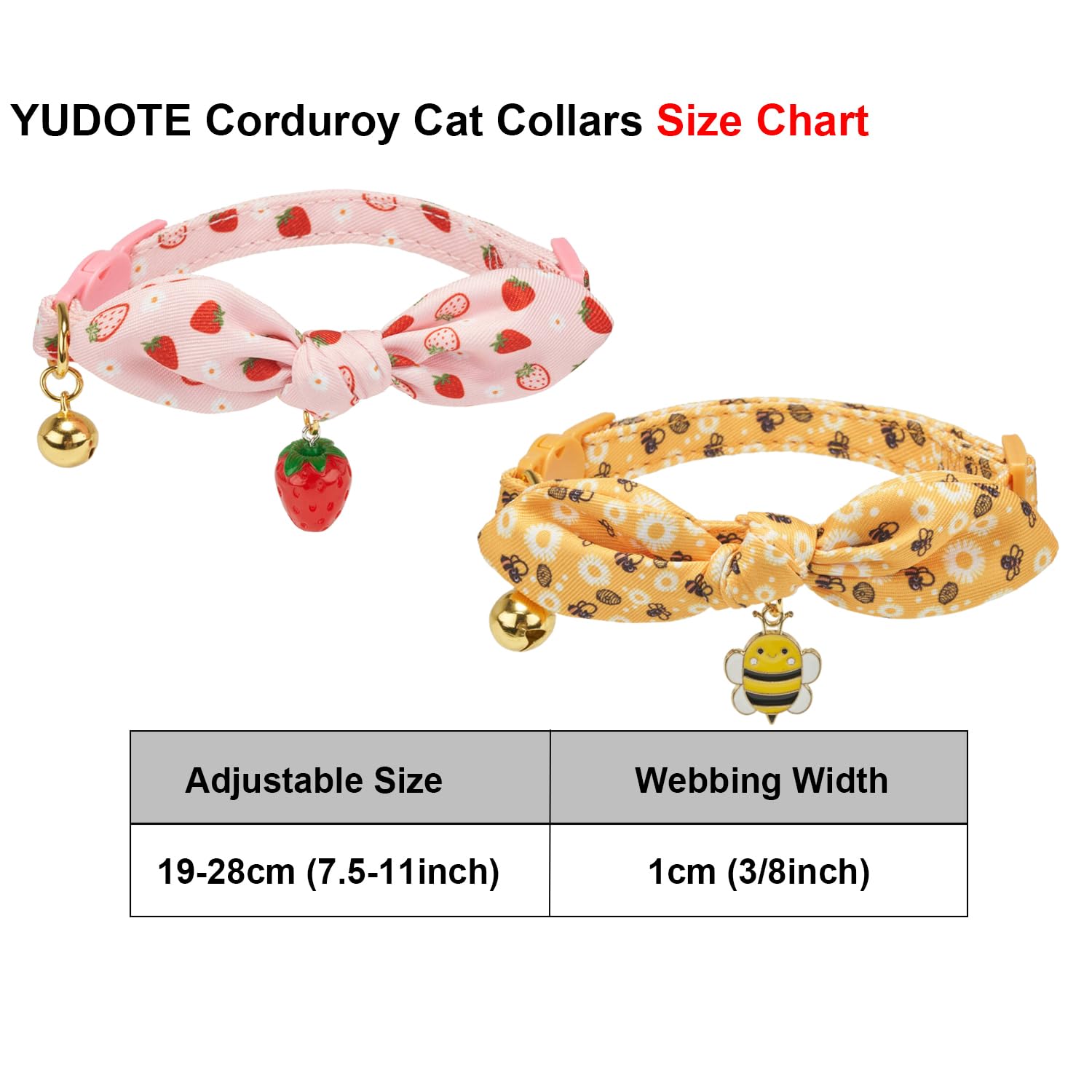 YUDOTE Soft Cotton Cat Collar with Detachable Hand-tied Bowtie,Pack of 2 Cute Feline Collars with Safety Quick Release Buckle,Bell and Charm,Pink Strawberries,Yellow Bees - Image 2