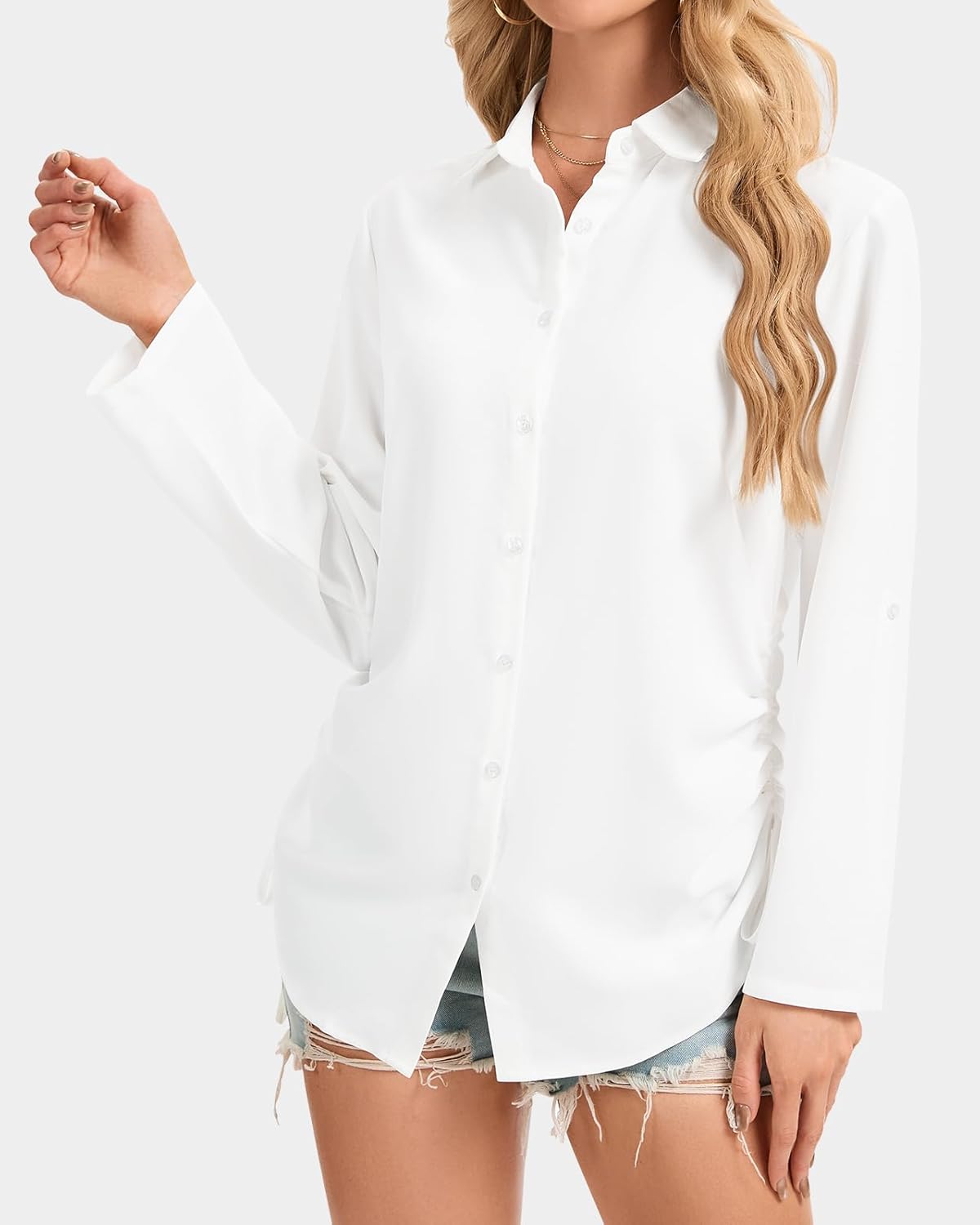 WOWENY Button Down Shirts for Women Dress Shirts Long Sleeve Collared Blouse Casual Side Drawstring Button Up Blouse Tops - Image 3