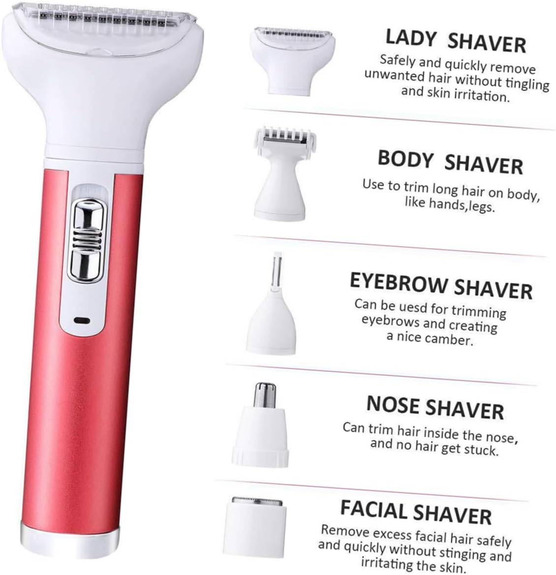 Mikinona 5-in-1 USB Rechargeable Women's Hair Removal Trimmer Set Eyebrow Trimming Cutter Nose Hair Clipper Cordless Electric Shaver for Legs Travel-Friendly Grooming Kit
