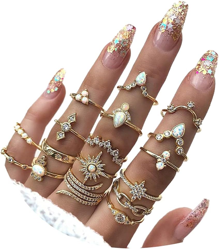 Vitaltyextracts Boho Stackable Crystal Knuckle Rings Set - Rhinestone Gold Midi Finger Joint Rings, Adjustable Sizes 4-9
