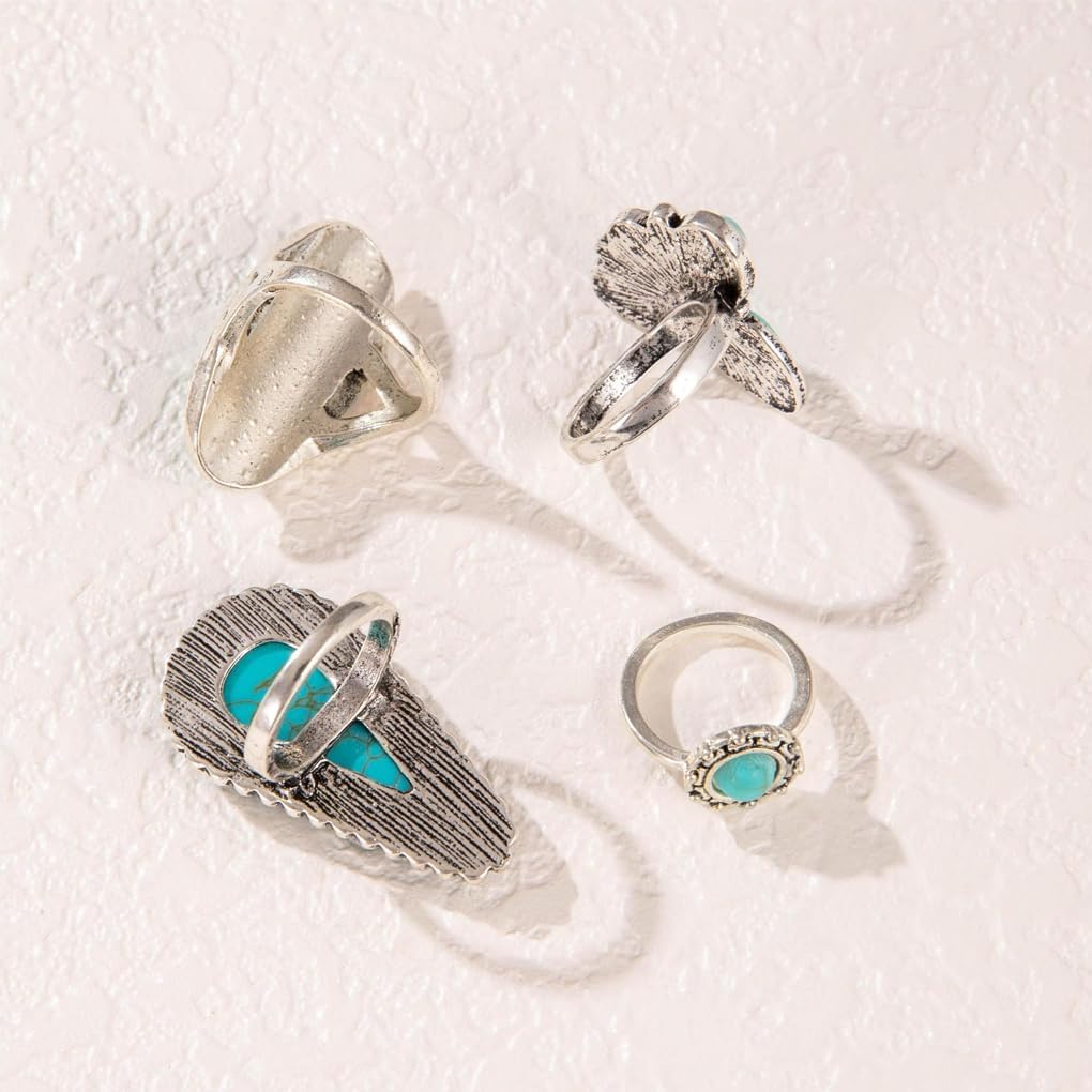 Vintage Turquoise Western Rings for Women,Exaggerated Chunky Oval Floral Snake Knuckle Rings Set,Boho Stack Layered Aesthetic Country Jewelry - Image 6