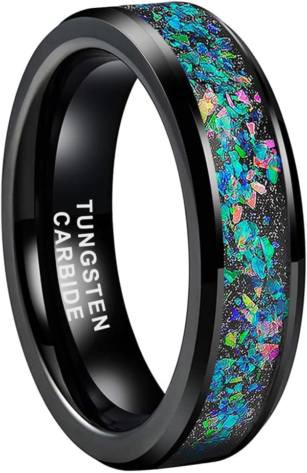 TUTISS 6mm 8mm Silver/Black Tungsten Rings for Men Women Couple Genuine Galaxy Opal Inlay Fashion Jewelry Engagement Wedding Bands Beveled Polished Shiny Comfort Fit