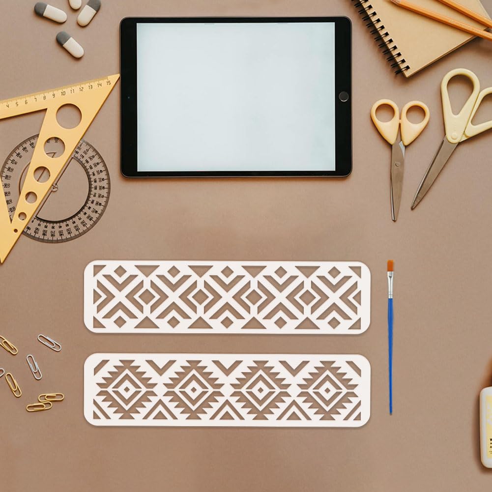 FINGERINSPIRE 14 Pz Stencil Decorativo Azteco con Pennello, 30x7.5cm 14 Stili Stencil per Pittura con Motivi Aztechi Temi a Rombo in PET Stencils per Pittura su Piastrelle da Parete Pavimento in Legno