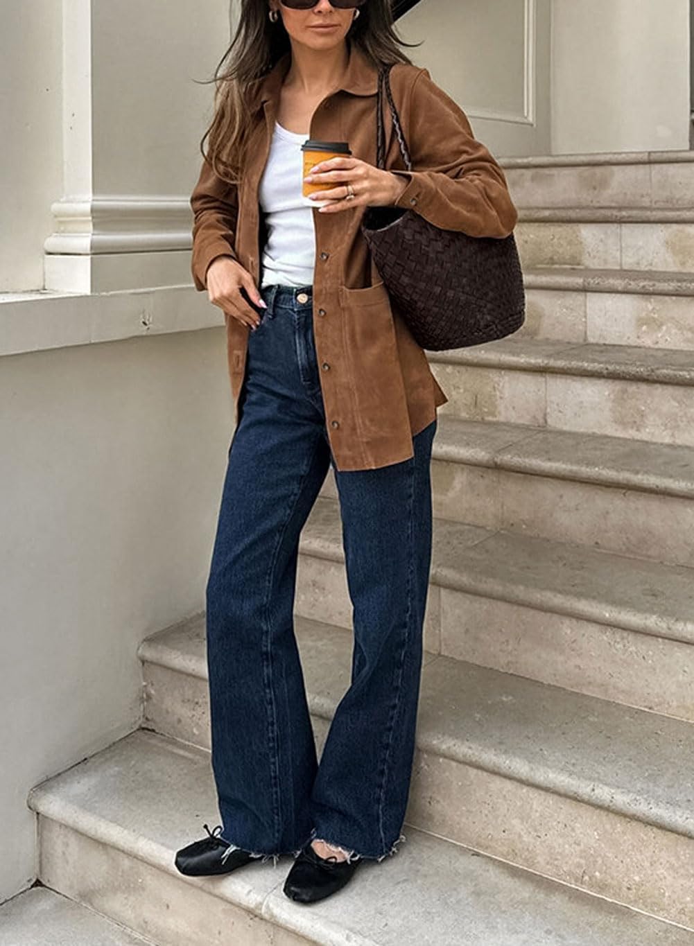 chouyatou Women's Faux Suede Leather Jacket Lapel Collar Button Down Faux Suede Leather Shacket Jacket - Image 4