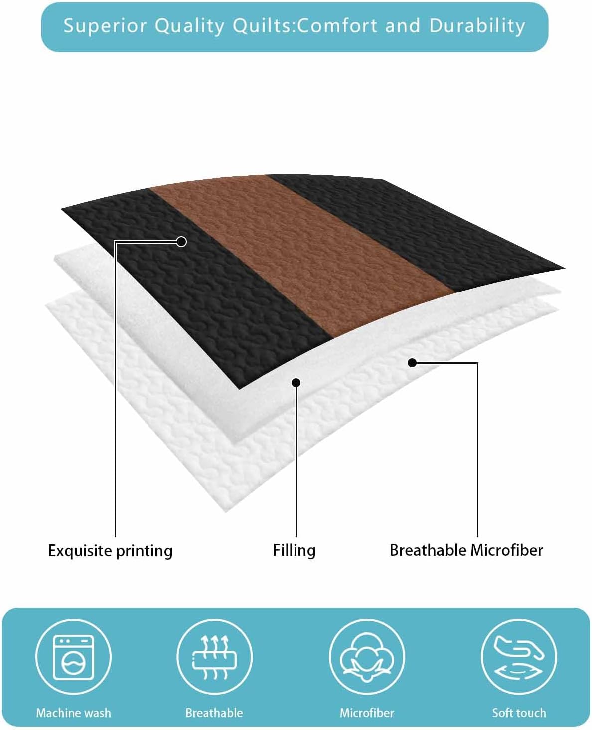 3-Piece Summer Quilt King Size, Black Brown Lightweight Cooling Bedding Comforter Blanket with 2 Pillow Shams, Contemporary Boho Modern Art Bedspreads Quilted Coverlet Sets 96"x 106"