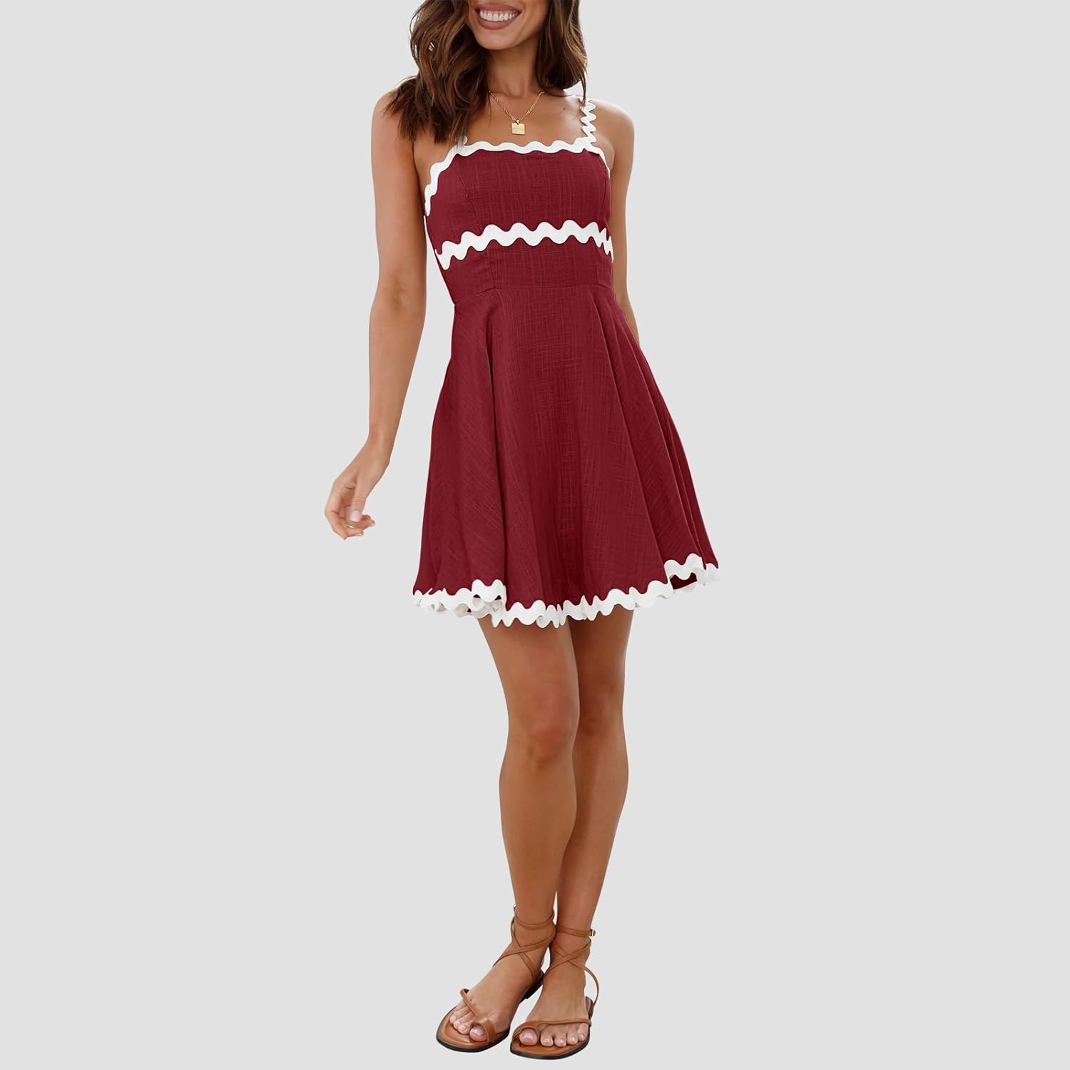 OWNGIGI Summer Dresses for Women 2024 RIC Rac Spaghetti Strap Linen Mini Dress Vacation Party Casual Dress Sundresses - Image 3