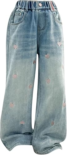 Jeans for Girls Baggy Hearts Wide Leg Denim Pants Kids Cute Elastic Waist Button Trousers Trendy Streetwear with Pockets