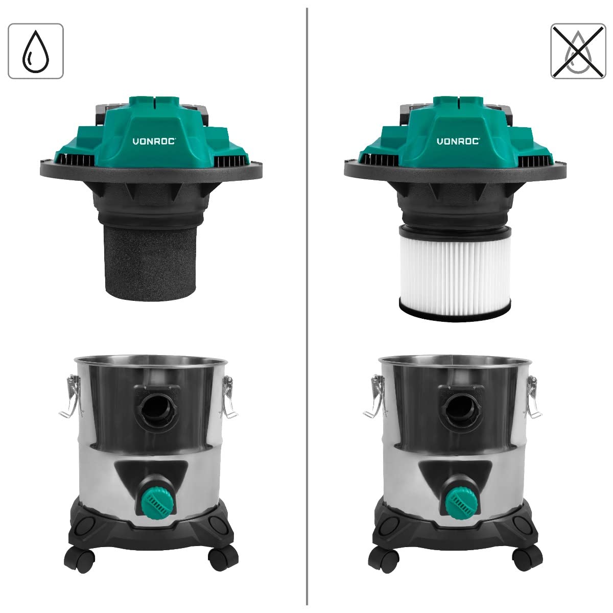 VONROC Aspiratore a umido e a secco multiuso 1400W. Funzione soffiaggio. Serbatoio 20L. Tubo flessibile 3m. Cavo di alimentazione 6m