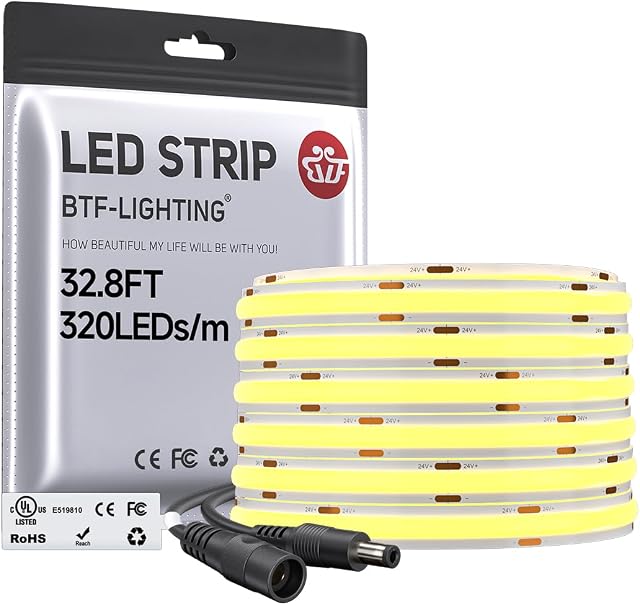 BTF-LIGHTING FCOB COB LED Bande de lumière blanc variable 24V DC Blanc chaud 3000K 10m 320LEDs/m CRI 90+ Sous Cabinet Lampe de ruban pour Chambre à coucher Home Party Décoration UL Inscrit(Pas de puissance et contrôleur)