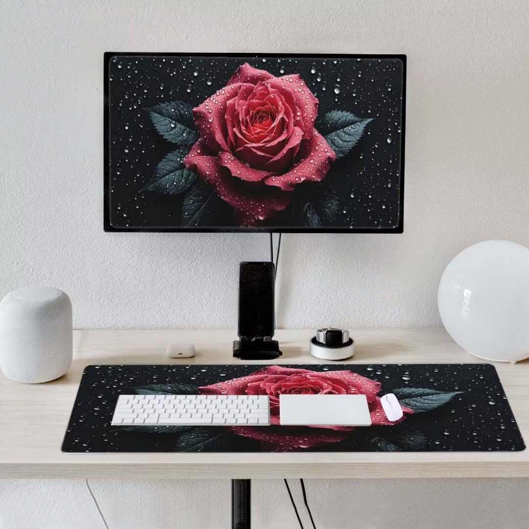 Alfombrilla de ratón 1400x600x3 MM, Alfombrilla Ratón XXL Extendida de Gran Tamaño con Bordes Cosidos, Base de Goma Antideslizante Almohadilla para Teclado, Rosa Estrellada S-11687